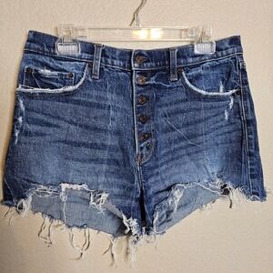 Abercrombie & Fitch High Rise Mom Short Button Fly Distressed Denim Blue  31/12